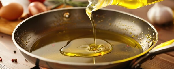 golden olive oil being poured into a black non-stick frying pan, symbolizing cooking and food preparation.