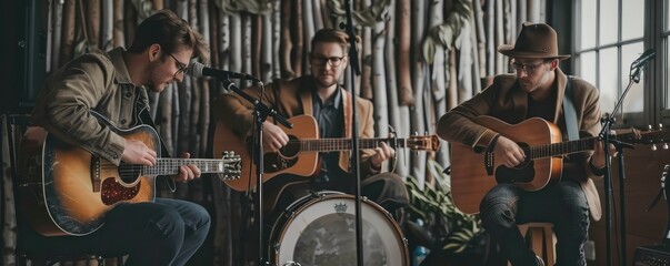 Three passionate musicians engrossed in a performance, playing an acoustic guitar, double bass, and cello.