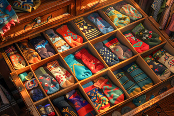 A drawer full of colorful socks with various patterns and designs. The drawer is open and the socks are neatly arranged in rows. Concept of organization and attention to detail
