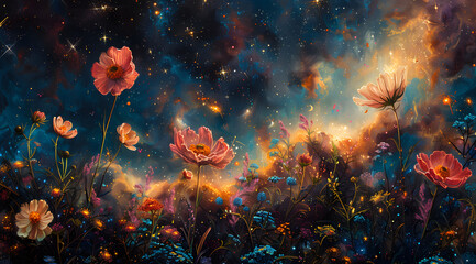 Fototapeta na wymiar Starry Blossoms: Oil Painting Evoking the Majesty of the Universe Within a Garden Setting