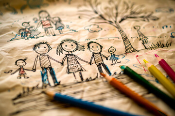 A stick figure draws portraits of family members, which come to life and lead it off the page.