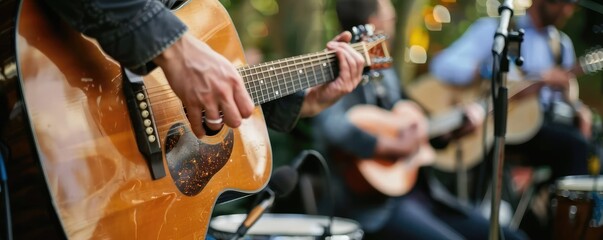 Three passionate musicians engrossed in a performance, playing an acoustic guitar, double bass, and cello.