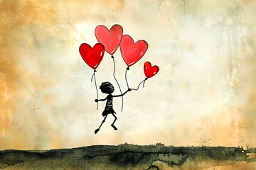 A stick figure leaps between heart-shaped balloons, floating away from the confines of the page