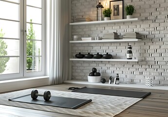 Minimalist home gym with yoga mat, dumbbells and bookshelves on a white brick wall in the living room - Powered by Adobe