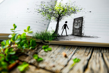 A stick figure paints a door on the page, opens it, and steps through, only to reappear from the top of the page