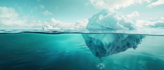A view half underwater iceberg float in the ocean at sunny day