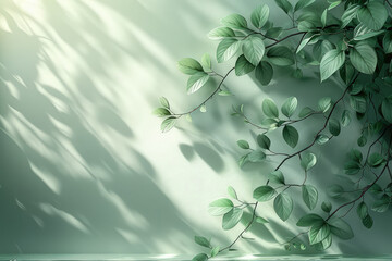 A closeup of light green leaves and vines on the wall, with sunlight shining through them. Created with Ai