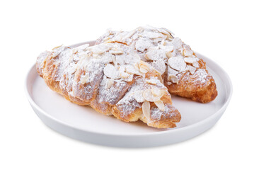 Almond croissants with sugar sprinkles on a white isolated background