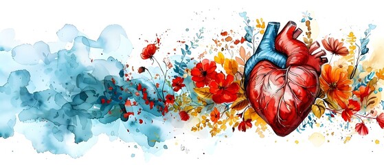 Realistic watercolor anatomical heart and floral design on white background. Concept Anatomical Heart, Floral Design, Watercolor Style, Realistic Illustration, White Background