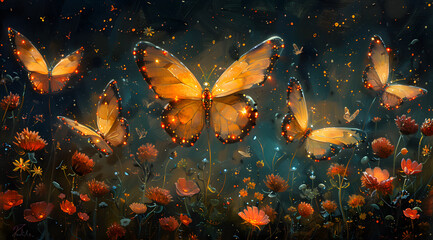 Ethereal Illumination: Oil Painting Casting a Magical Glow on Nature's Canvas with LED Butterflies
