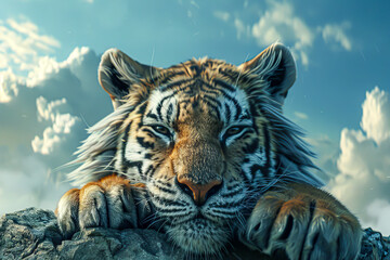 A tiger is resting its head on a rock. The tiger is looking at the camera with a relaxed expression. Concept of calm and tranquility, as the tiger appears to be enjoying its moment of rest - obrazy, fototapety, plakaty