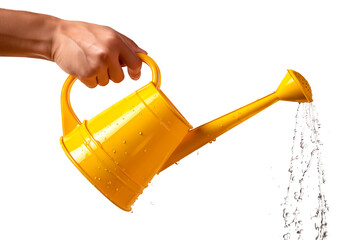 A yellow watering can in hand isolated on a white or transparent background. Water splashes and droplets pour out of the watering can. Watering plants and flowers, gardening equipment.