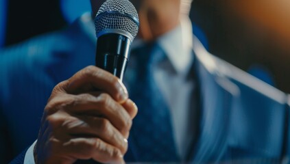 Close up of a business man giving a speech at the podium in front of a crowd during a conference or harmony event, closeup on a hand holding a microphone near the speaker's mouth Generative AI - obrazy, fototapety, plakaty