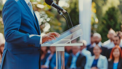 Close up of a man in a blue suit giving a speech at a business conference or rural town hall meeting, standing behind a clear podium with a microphone Generative AI - obrazy, fototapety, plakaty