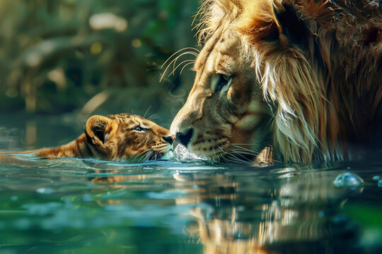 A lion and a cub are playing in a river