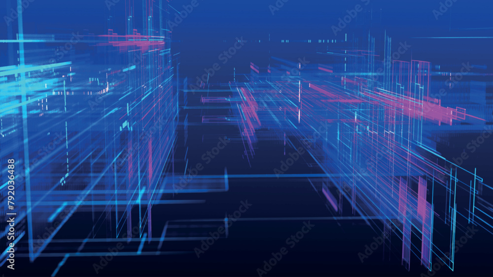 Poster abstract techno background. three-dimensional composition of intersecting multi-colored grids. infor
