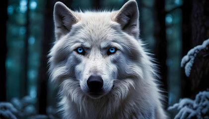 White wolf with a blue eyes portrait in the woods