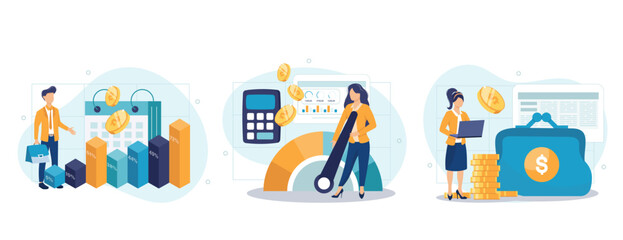Cost optimization concept set. Idea of financial and marketing strategy. Cost and income balance. Spending and cost reduction, while maximizing business value. Isolated flat illustration vector
