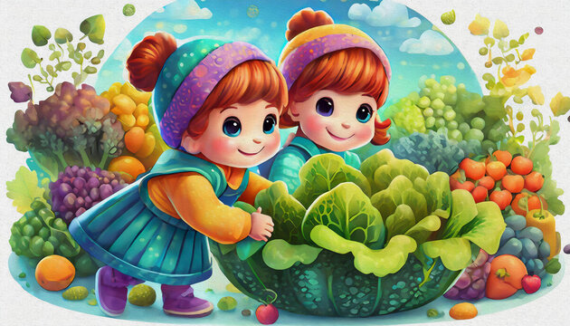 OIL PAINTING STYLE  CARTOON CHARACTER CUTE BABY Children Exploring a salad Patch on a Chilly Autumn Day