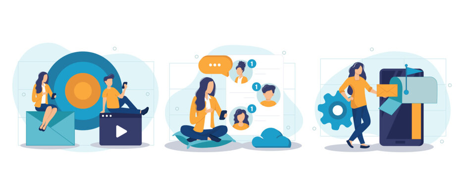 Email service isolated set. Advertising or newsletter, personal correspondence. People collection of scenes in flat design. Vector illustration for blogging, website, mobile app, promotional materials