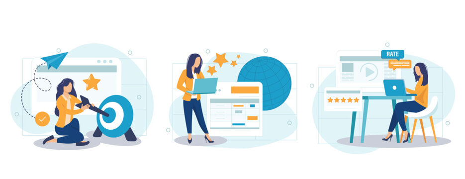 Customer behavior analysis abstract concept vector illustration set. Data driven marketing, user feedback and website rating, online survey, user data, marketing research tool abstract metaphor.