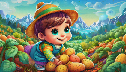 oil painting style CARTOON CHARACTER CUTE BABY Children Exploring a vegetables  Patch on a Chilly Autumn Day - obrazy, fototapety, plakaty