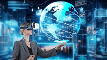 Woman looking finance big data dynamic rotating dynamic world screen by VR future global market innovation interface digital infographic network technology virtual hologram at building. Contraption.