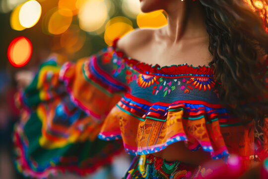 close up of A model dances joyfully at a Cinco de Mayo street party, her vibrant outfit matching the festive atmosphere.