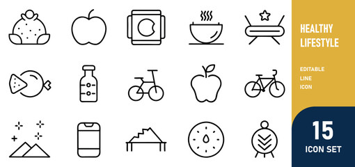 Healthy Lifestyle Line Editable Icons set. Vector illustration of modern thin line style icons of the components of a healthy lifestyle the mode of work and rest, physical activity, and a diet