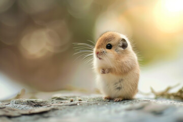Fototapeta premium A small brown and white hamster is standing on a rock. The hamster is looking at the camera