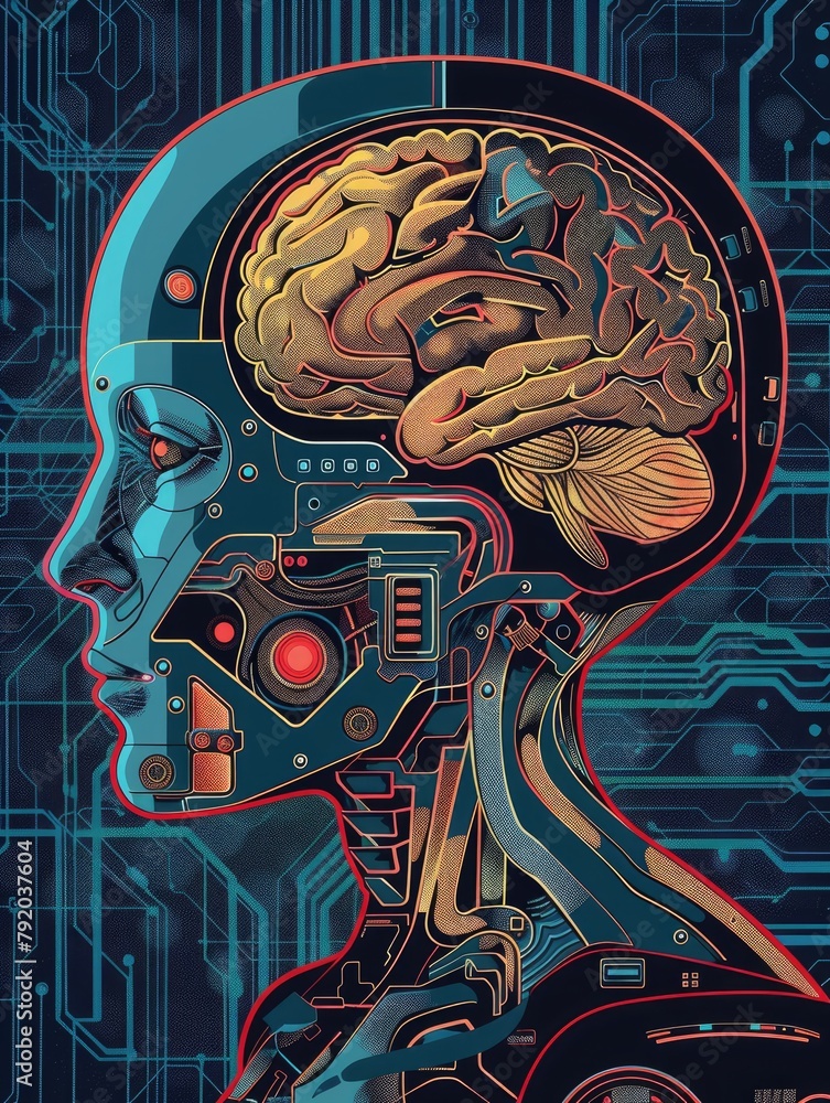 Poster cybernetic brain and face concept design - a visually arresting artwork showcasing a profile view of