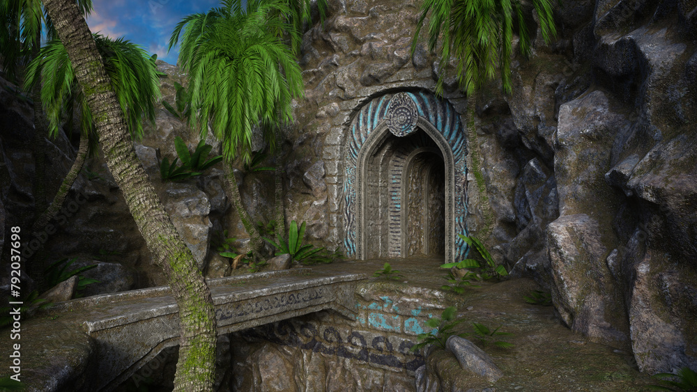 Poster entrance to an old fantasy temple or tomb in the mountains with stone bridge and palm trees outside.