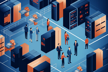 Business graphic vector modern style illustration of business people in a data farm centre rack nas raid cloud computing files and sensitive remote work contract to share between colleagues