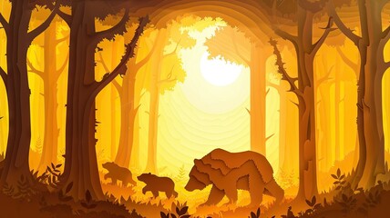 Autumnal bear and cubs wandering in the woods - A warm, digital illustration of a mother bear followed by her cubs through an autumn-hued forest - obrazy, fototapety, plakaty