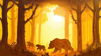 Fotobehang Autumnal bear and cubs wandering in the woods - A warm, digital illustration of a mother bear followed by her cubs through an autumn-hued forest © Tida