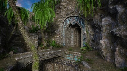 Entrance to an old fantasy temple or tomb in the mountains with stone bridge and palm trees outside. 3D render.