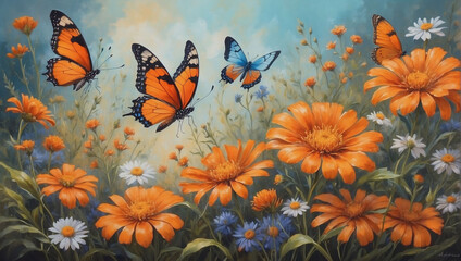 Intricate wildflowers and radiant orange butterflies painted using oil colors.