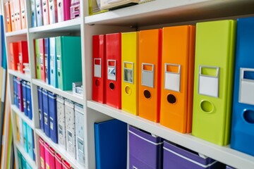 A colorful bookcase displays numerous binders in the library