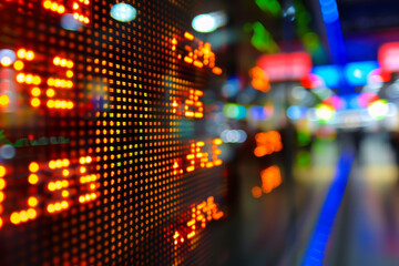 A bright, colorful, and blurry image of a stock market ticker. Concept of excitement and energy, as the numbers and symbols on the screen seem to be constantly changing and moving