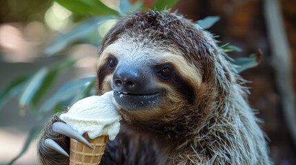 Fototapeta premium Portrait of a cute sloth close-up eating vanilla ice cream in a waffle cone