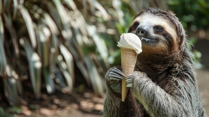 Obraz premium Sloth eating ice cream in a waffle cone in the park