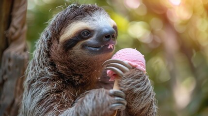 Fototapeta premium Sloth eating ice cream in the forest, close-up