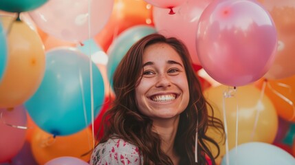 Fototapeta na wymiar Portrait of a beautiful young woman with colorful balloons at birthday party