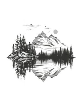 Serene lake with mountain and forest sketch - An artistic black and white sketch depicting a peaceful lake reflection with forests and mountains