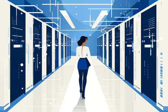 Business graphic vector modern style illustration of business people in a data farm centre rack nas raid cloud computing files and sensitive remote work contract to share between colleagues