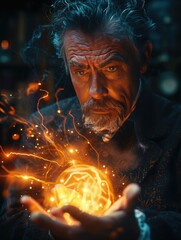 Sorcerer with magical glowing orb in hand - An enigmatic sorcerer holds a glowing orb casting fiery sparks, evoking supernatural powers in a dark setting - obrazy, fototapety, plakaty