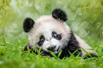 Panda obscured by artistic brush strokes - Artistic watercolor brush strokes artfully conceal the resting panda, evoking mystery within this natural green habitat - obrazy, fototapety, plakaty