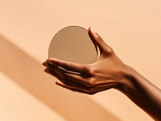 Human hand holding a round mirror reflecting light on a peach background. Concept of self-exploration, clarity, and identity. Design for mindfulness, personal development poster, and inspirational bac