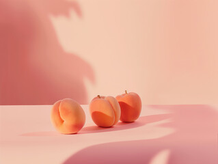 Three apricots with plant shadows on a pastel pink background. Concept of natural light, freshness, and summer fruits. Design for product display, healthy food advertisement, and culinary poster with 