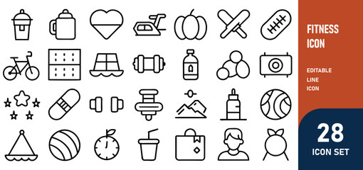 Fitness Line Editable Icons set. Vector illustration of modern thin line style icons of the components of an active lifestyle types of physical activity, proper nutrition, and sports equipment